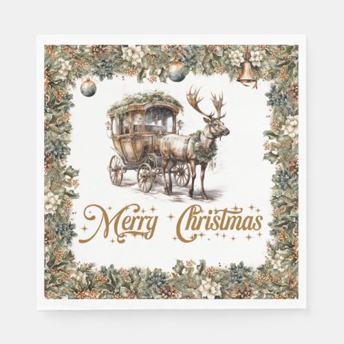Vintage green and gold Christmas Reindeer sleigh Napkins