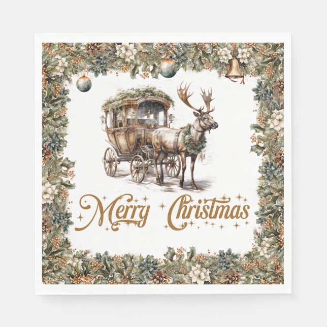 Vintage green and gold Christmas Reindeer sleigh Napkins (Front)