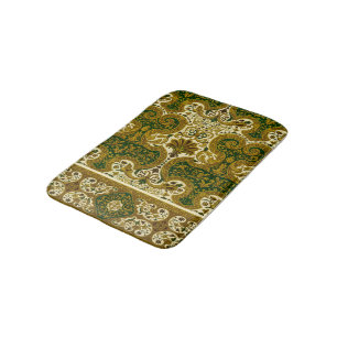 Vintage Green and Gold Floral Pattern Bath Mat