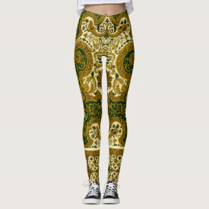 Vintage Green and Gold Floral Pattern Leggings
