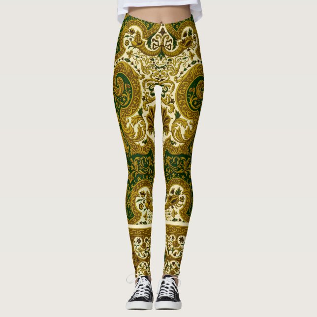 Vintage Green and Gold Floral Pattern Leggings (Front)