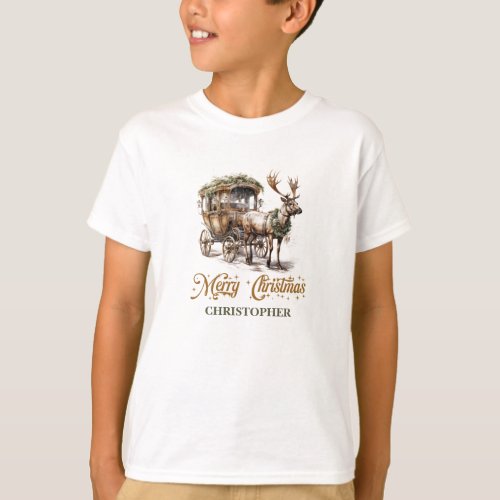 Vintage green and gold Reindeer and carriage T_Shirt