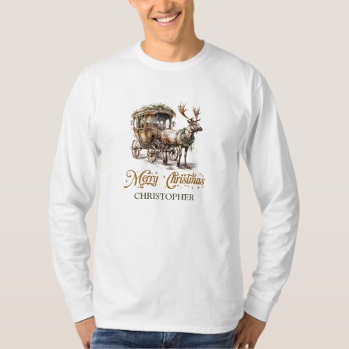 Vintage green and gold Reindeer and carriage T_Shirt