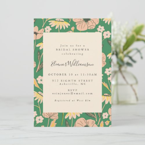 Vintage Green and Pink Floral Simple Bridal Shower Invitation