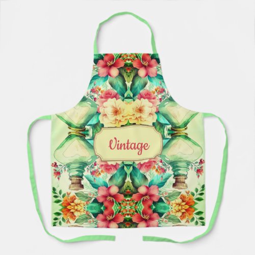 Vintage green and pink flowers apron