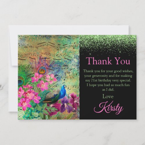 Vintage Green and Pink Peacock Birthday Thank You