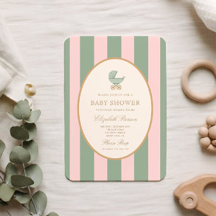 Vintage Green and Pink Striped Baby Shower Invitation