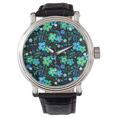 Vintage green and teal flowers wallpaper watch