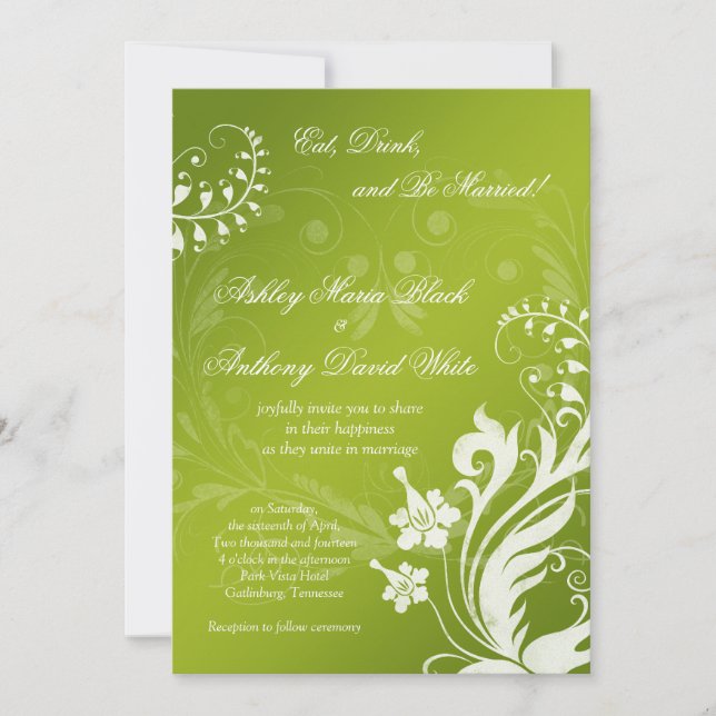 Vintage Green and White Floral Wedding Invitation (Front)