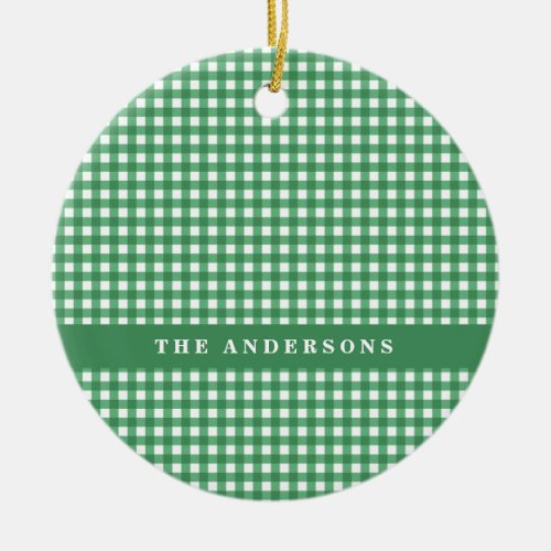 Vintage Green and White Gingham Plaid Personalized Ceramic Ornament