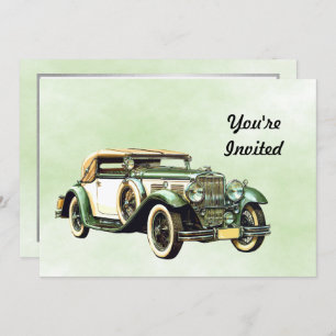Vintage Green Auto Watercolor Birthday Invitation