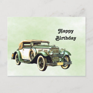 Vintage Green Auto Watercolor Birthday Postcard