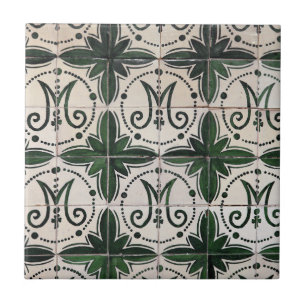 Vintage green azulejo ceramic tile