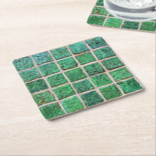 Vintage Green Azulejo Ceramic Tile Square Paper Coaster