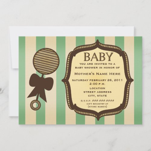 Vintage Green Baby Shower Rattle &amp; Stripes Custom Invitation