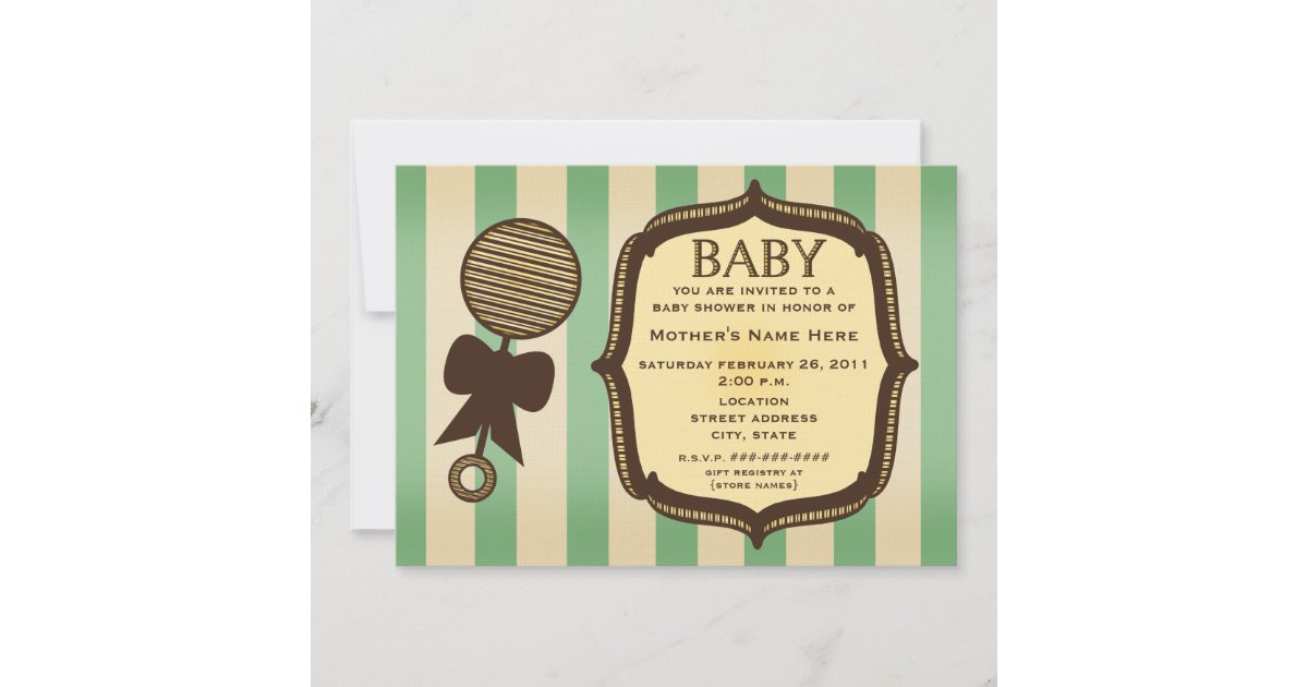 Vintage Green Baby Shower Rattle & Stripes Invitation | Zazzle