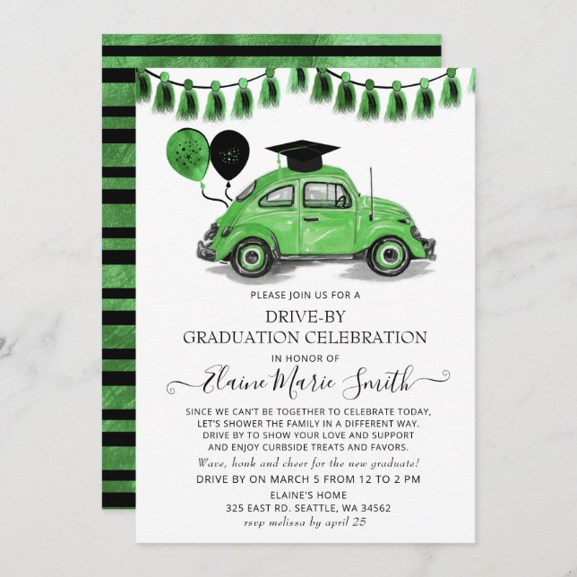 Vintage Green Beetle Balloons Drive By Graduation Invitation (Front/Back)