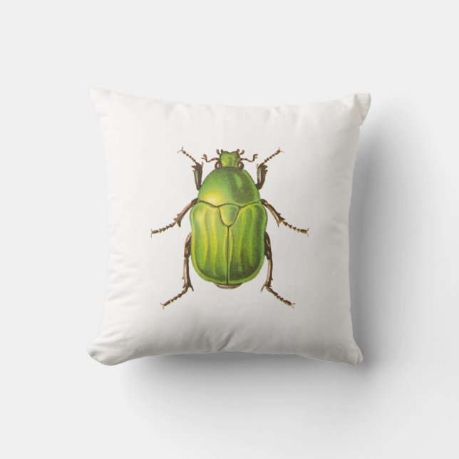 Vintage Green Beetle Illustration Throw Pillow (Front)