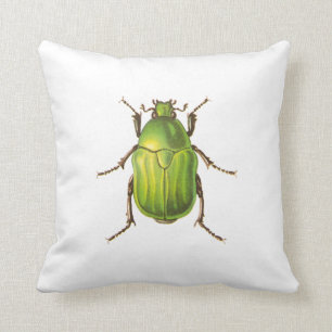 Vintage Green Beetle Illustration Throw Pillow