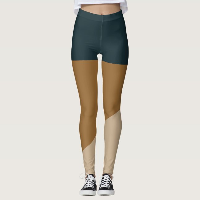 Vintage Green Beige colourblock pattern Leggings (Front)