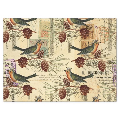 Vintage Green Birds and Pine Cones Decoupage Tissue Paper