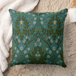 Vintage Green Blue William Morris Autumn Flowers Throw Pillow