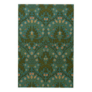Vintage Green Blue William Morris Autumn Flowers Wood Wall Art