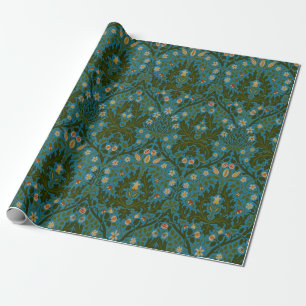 Vintage Green Blue William Morris Autumn Flowers Wrapping Paper