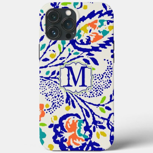 Vintage Green Blue Yellow Orange Floral Monogram  iPhone 13 Pro Max Case