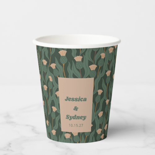 Vintage Green Blush Floral Boho Wedding Custom Paper Cups