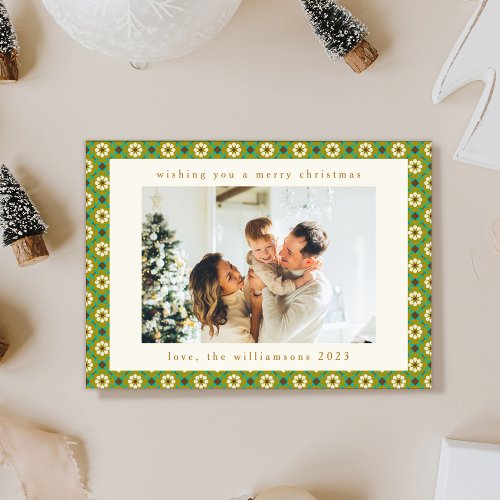 Vintage Green Boho Floral Custom 2 Photo Christmas Holiday Card