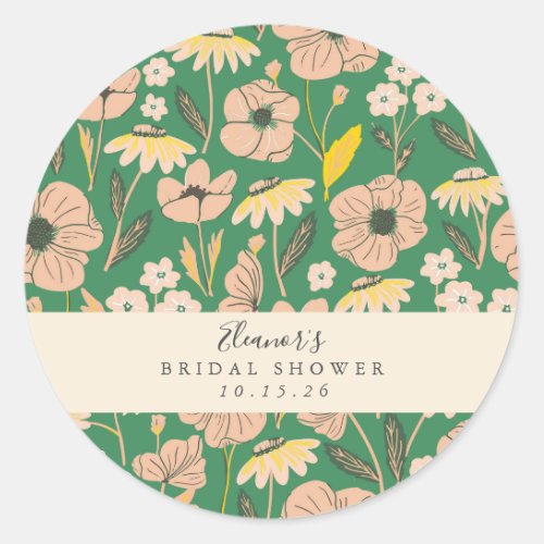 Vintage Green Boho Floral Custom Bridal Shower  Classic Round Sticker