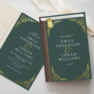 Vintage Green Book Gold Floral Folded Wedding Invitation