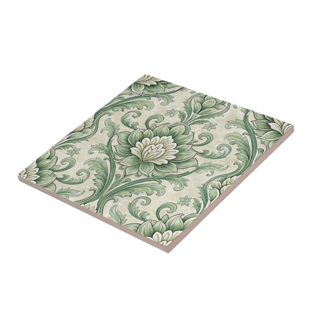 Vintage green botanical pattern ceramic tile (Side)