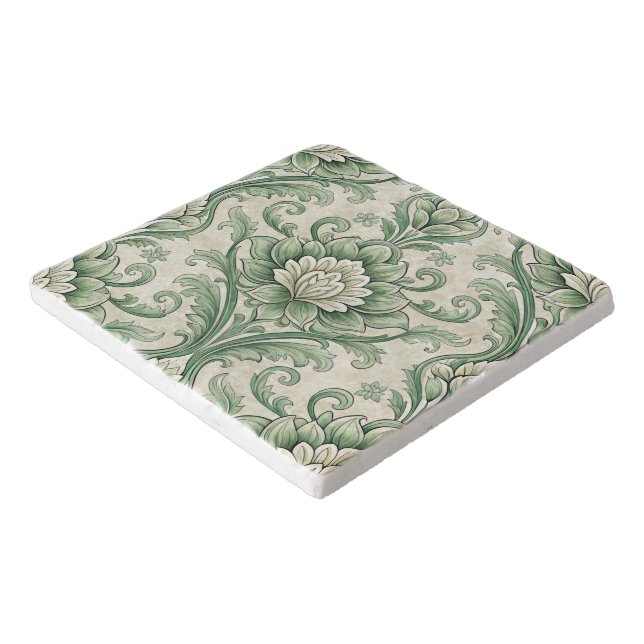 Vintage green botanical pattern trivet (Corner)