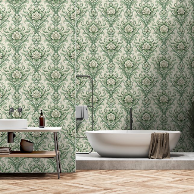 Vintage green botanical pattern wallpaper  (Bathroom)