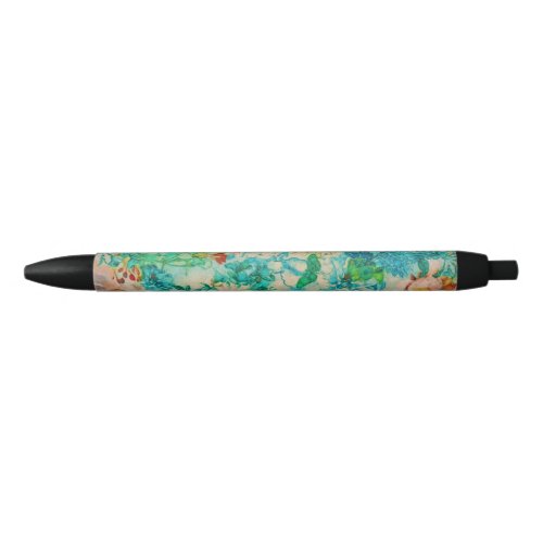 Vintage Green Botanical Summer Garden Rose Flowers Black Ink Pen