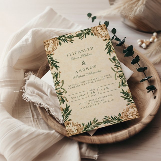 Vintage Green Botanical Wedding Invitation (Creator Uploaded)