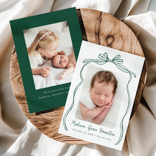 Vintage Green Bow 2 Photo Birth Announcement