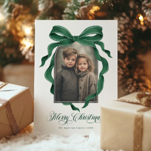 Vintage Green Bow Custom Photo Christmas Holiday Card