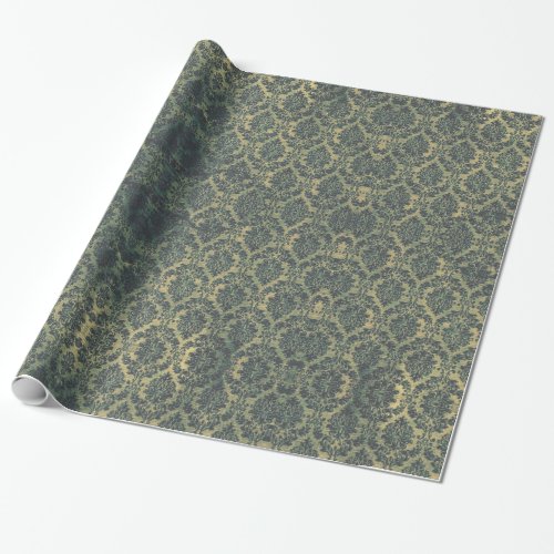 Vintage Green Bronze Floral Wreath Damask Wrapping Paper
