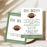 Vintage Green Brown All Star Football Baby Shower Invitation<br><div class="desc">Vintage Green Brown All Star Football Baby Shower Invitation

Cute boys football themed baby shower invitation featuring a large football,  green touch line border and a large green text.  This a little all star is on the way football invitation is ideal for a baby boys baby shower.</div>