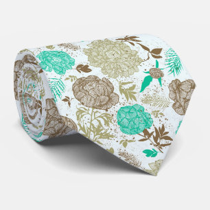 Vintage Green & Brown Floral Sketch Necktie