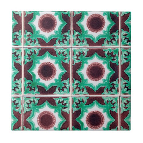 Vintage Green  Brown Portuguese  Ceramic Tile
