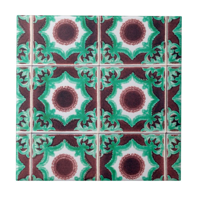 Vintage Green & Brown Portuguese  Ceramic Tile (Front)