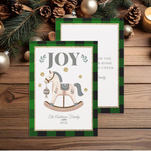 Vintage Green Buffalo Plaid Rocking Horse Joy  Holiday Card