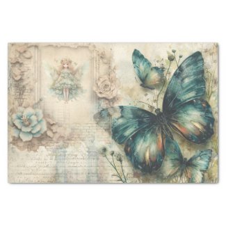 Vintage Green Butterfly Collage Decoupage Paper