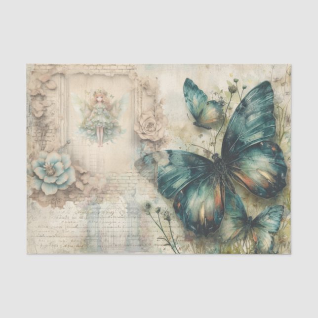Vintage Green Butterfly Collage Decoupage Paper (Front)