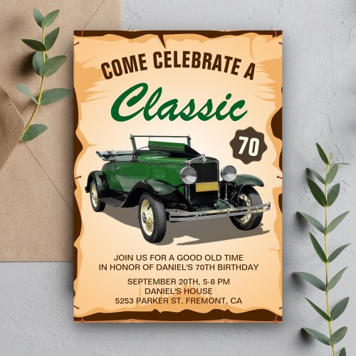 Vintage Green Car Classic Birthday Invitation