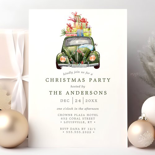 Vintage Green Car Retro Watercolor Christmas Party Invitation